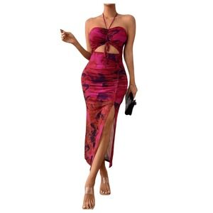 Floerns Women's Floral Drawstring Ruched Halter Neck Dress See Description